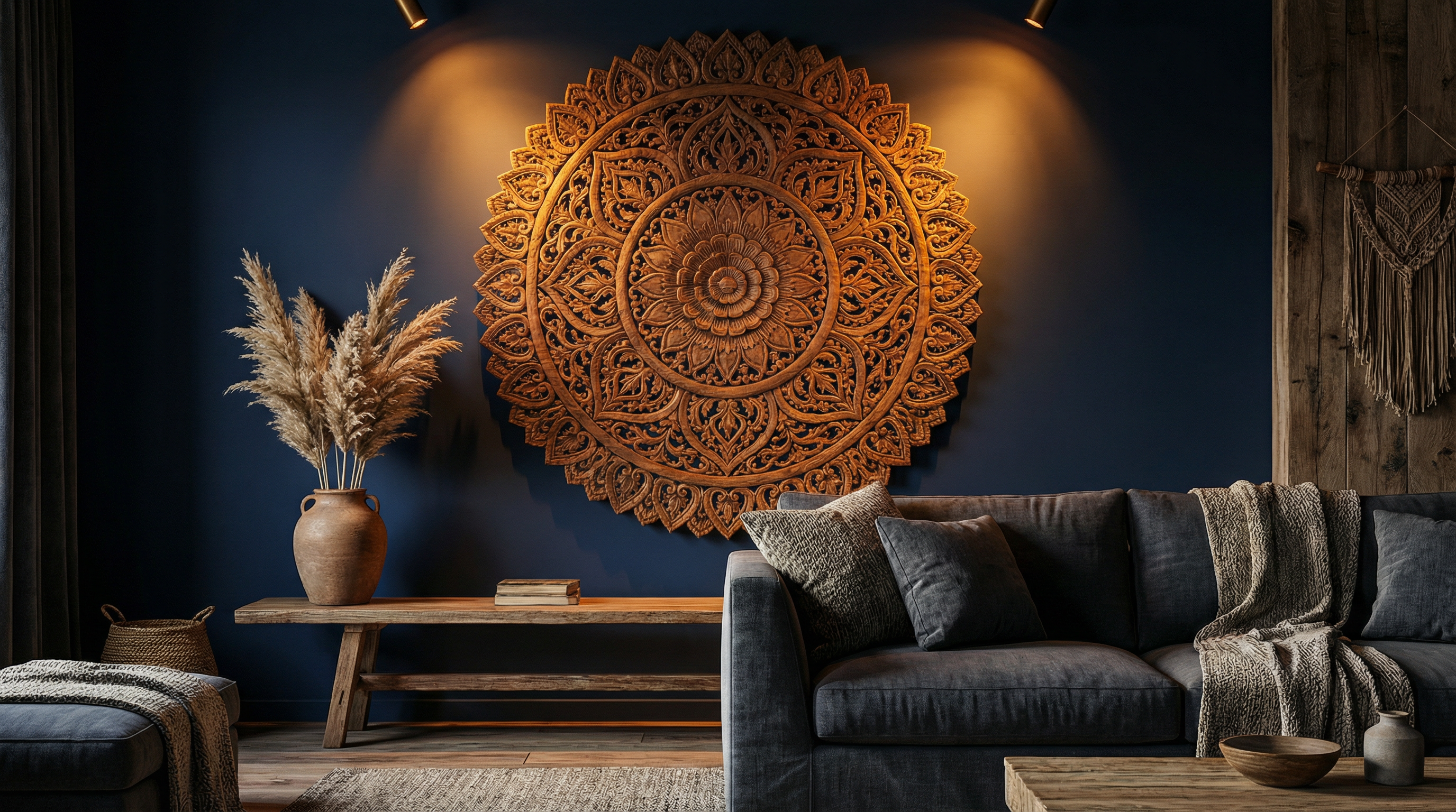 Handcrafted wood mandala wall art in a modern living room