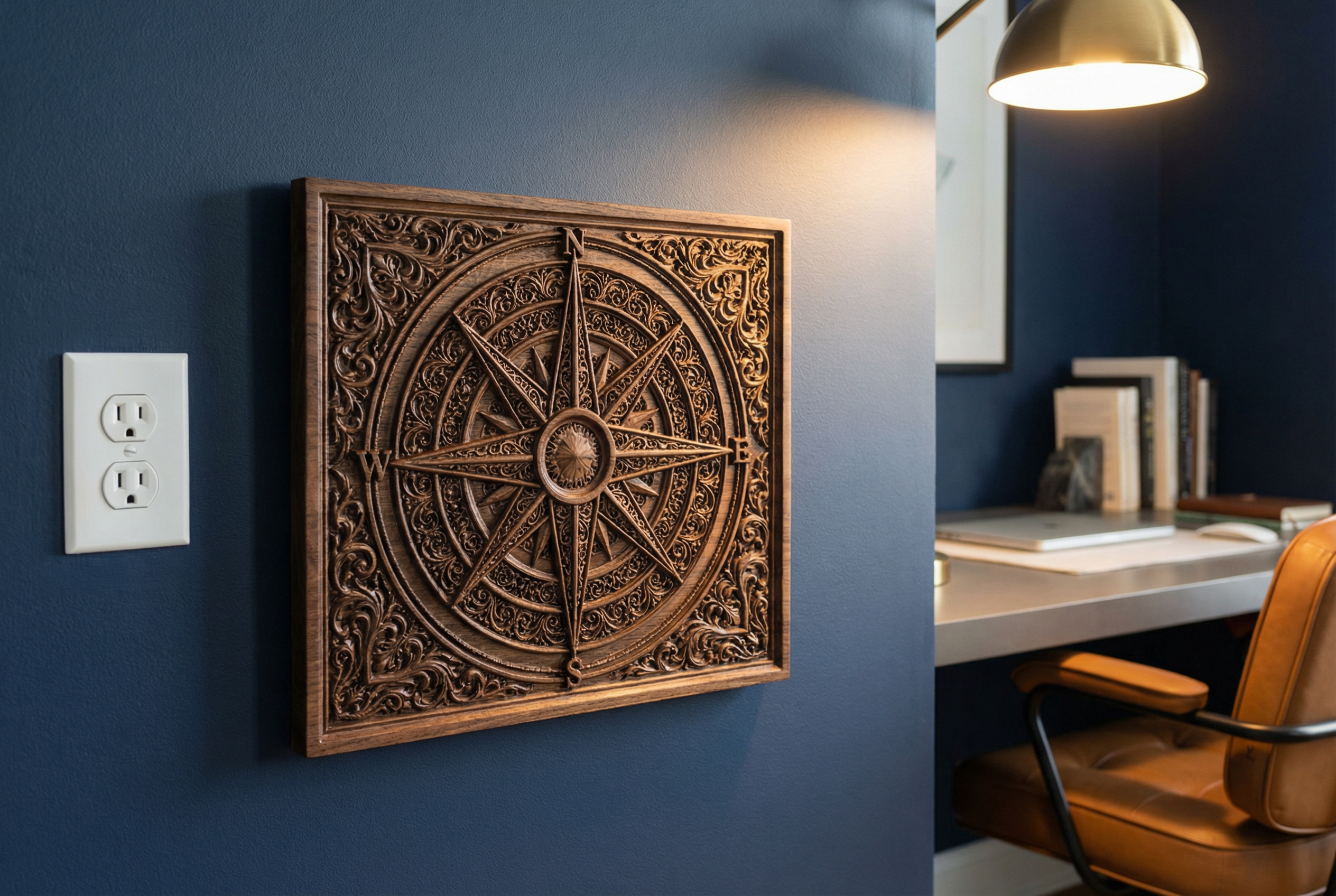 Compass rose wood carving in a home office